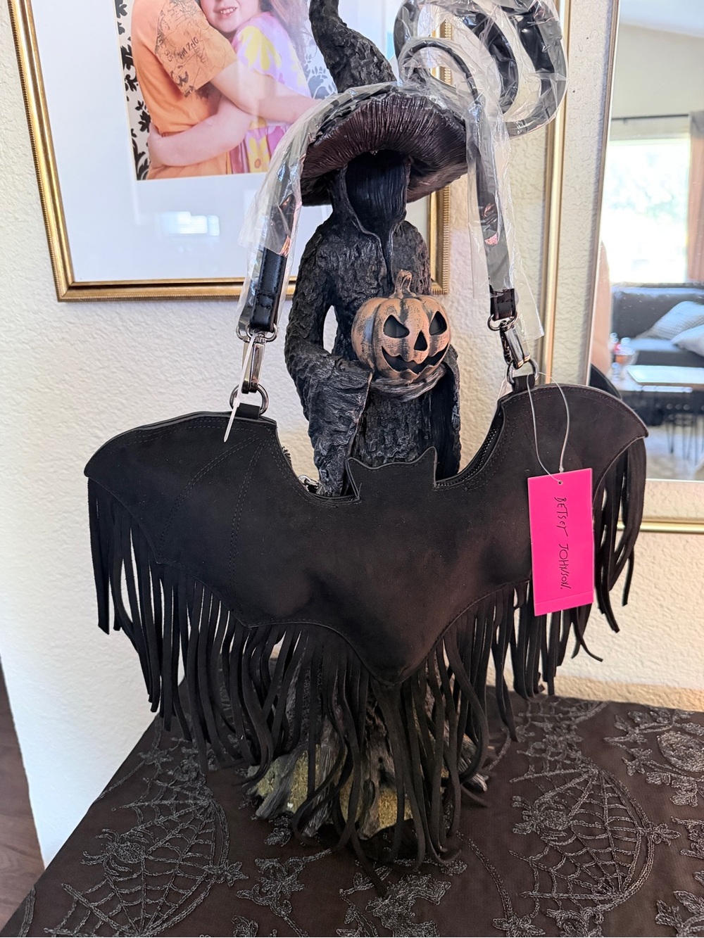 Viral Betsy Johnson Bat-Shaped Black Fringe Shoulder Bag